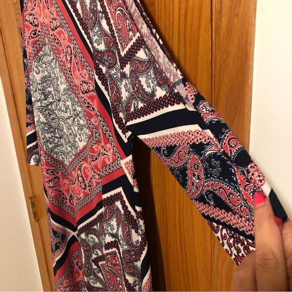 Ronni Nicole Women’s Size 10 Open Shoulder 3/4 Slv Lined Navy Printed Dress - Picture 9 of 16